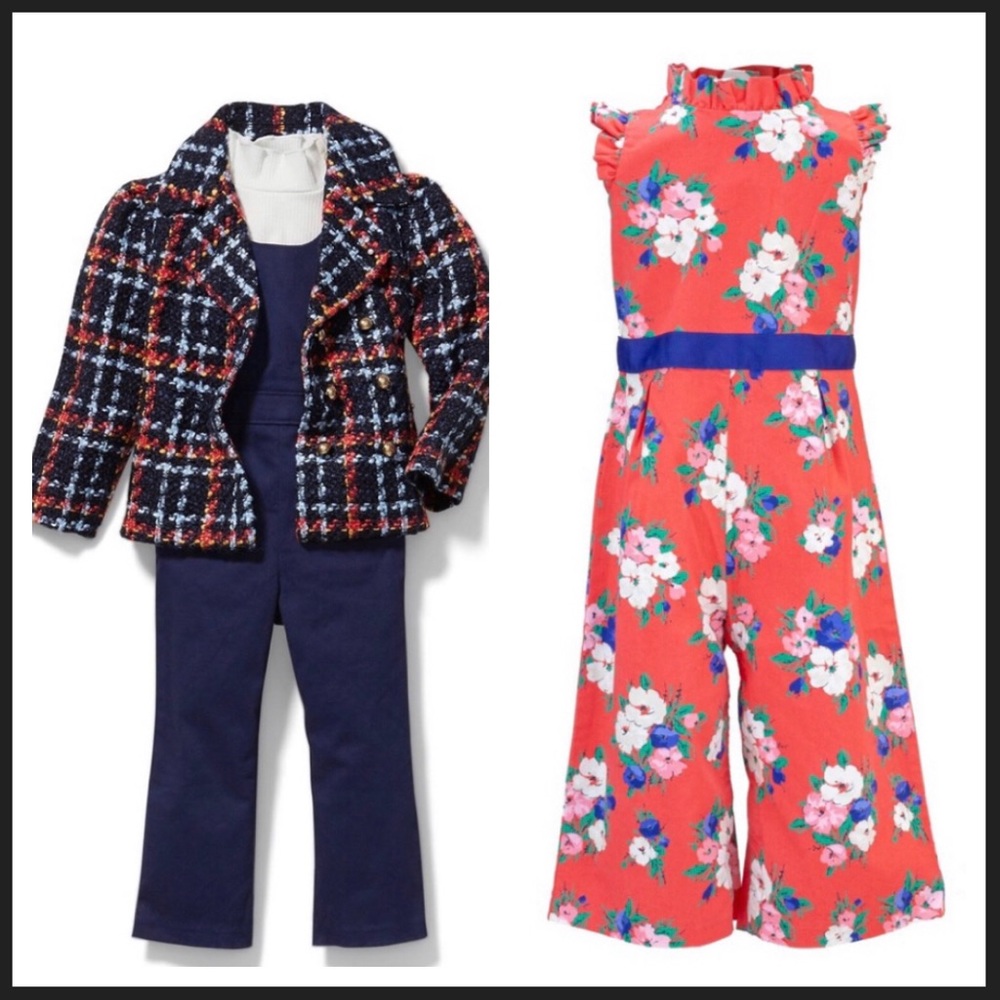 Janie and Jack Size 5-6 Bundle Girls Plaid Boucle Jacket and  Floral Jumpsuit
